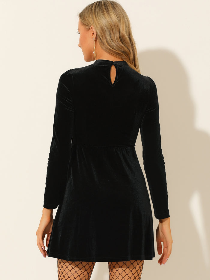 Allegra K Velvet Party Sheer Mesh Panel Tie Neck Sexy A-Line Mini Dress