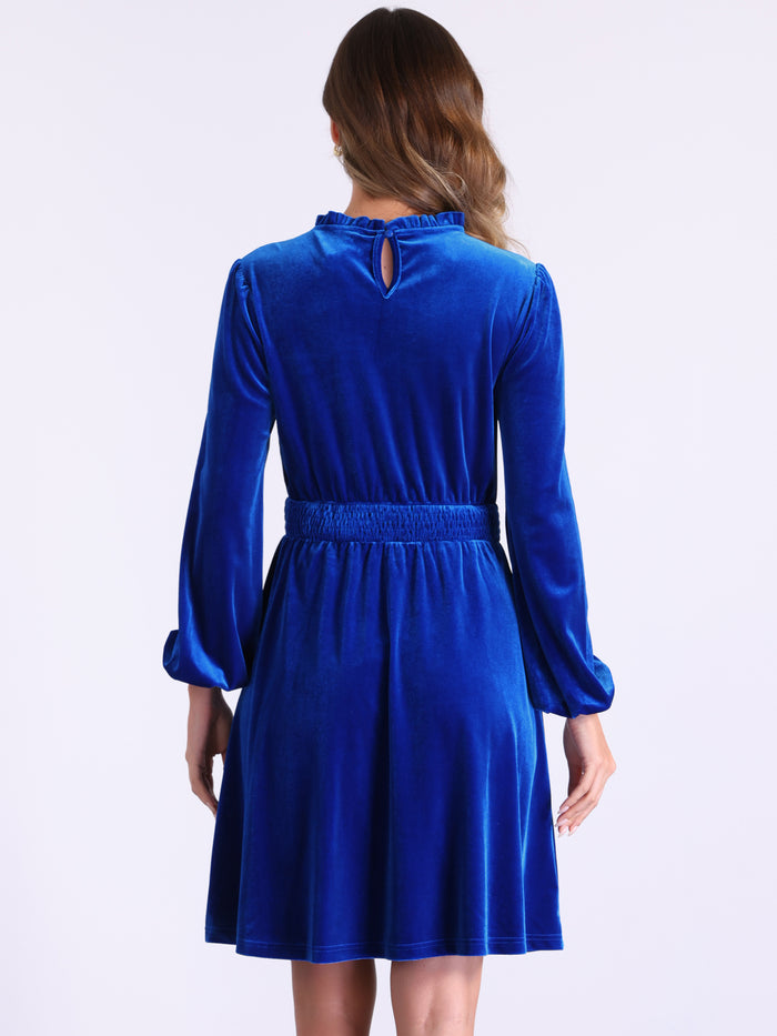 Allegra K Velvet Smocked Waistline Long Sleeve Midi Dress