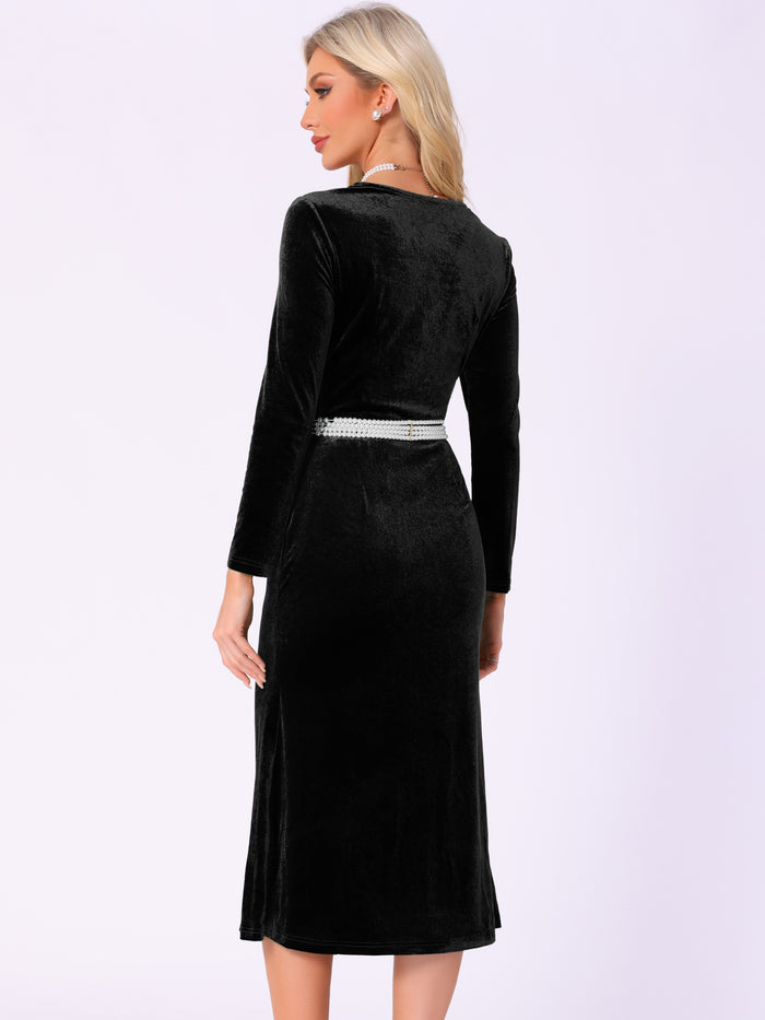 Allegra K Velvet Square Neck Long Sleeve Belted Mermaid Midi Dress