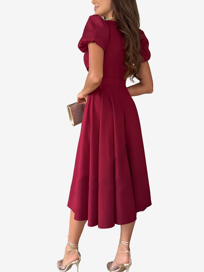 Allegra K Versatile Crewneck Solid Color V Neck Puff Short Sleeve Midi Dress With Elastic Waist