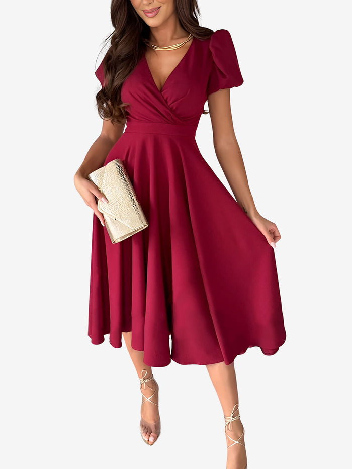 Allegra K Versatile Crewneck Solid Color V Neck Puff Short Sleeve Midi Dress With Elastic Waist