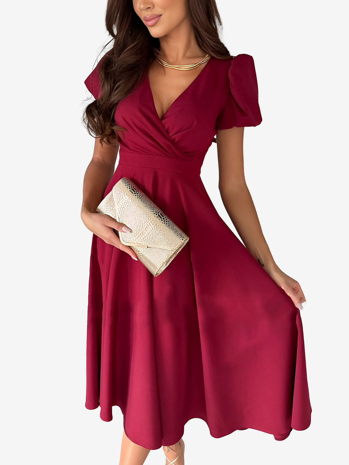 allegra k Versatile Crewneck Solid Color V Neck Puff Short Sleeve Midi Dress with Elastic Waist