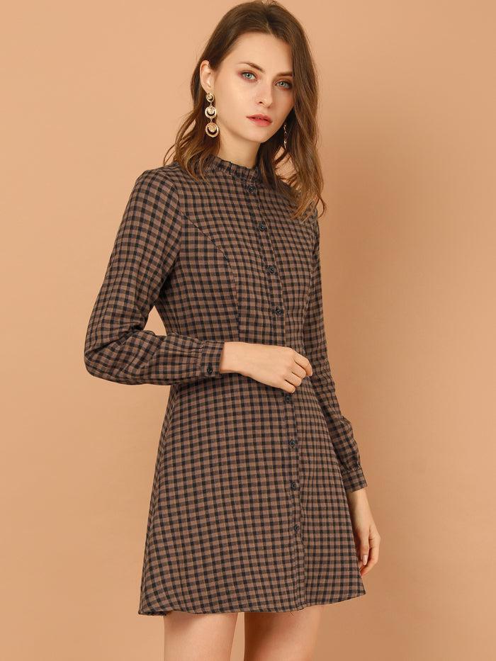 Allegra K Vintage Check Ruffle Neck Button Down Long Sleeve A-Line Dress