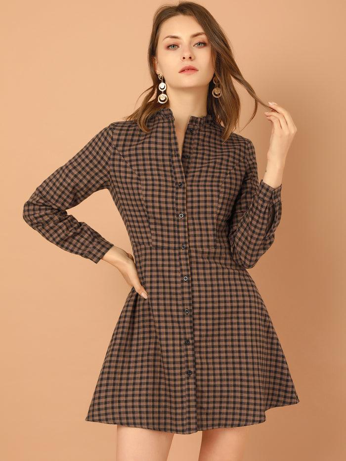 Allegra K Vintage Check Ruffle Neck Button Down Long Sleeve A-Line Dress