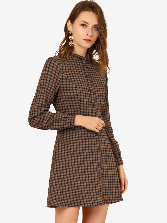 allegra k Vintage Check Ruffle Neck Button Down Long Sleeve A-Line Dress