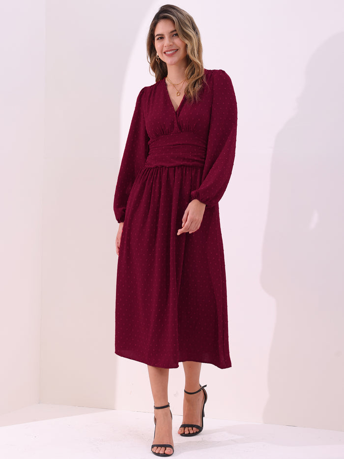Allegra K Vintage-Chic V Neck Swiss Polka Dots Lantern Long Sleeve Midi Office Dress