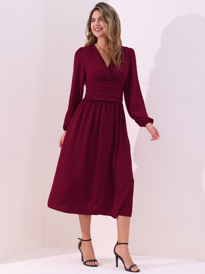 Allegra K Vintage-Chic V Neck Swiss Polka Dots Lantern Long Sleeve Midi Office Dress