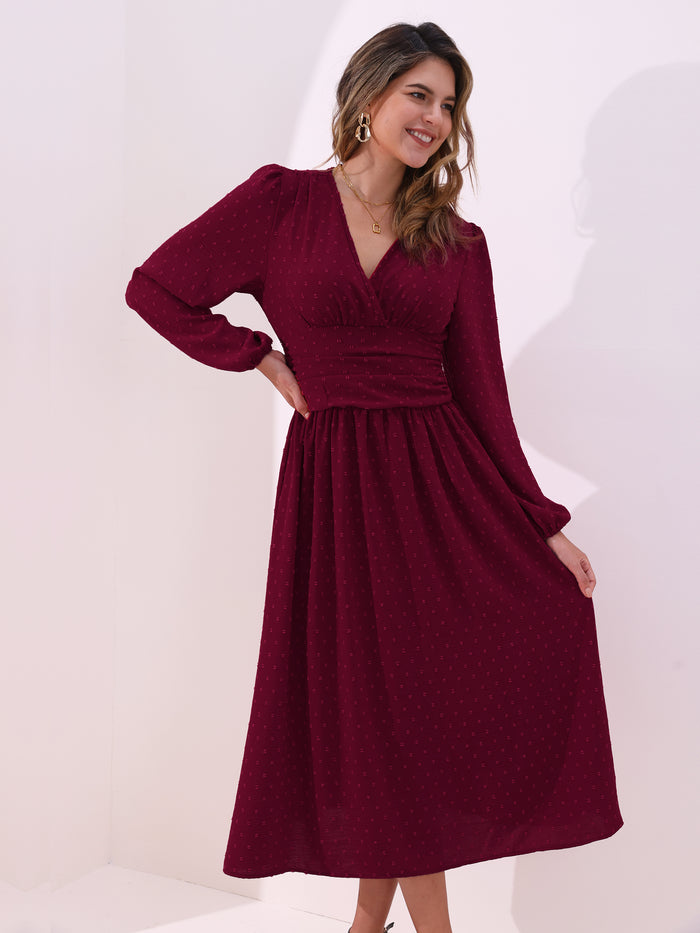 Allegra K Vintage-Chic V Neck Swiss Polka Dots Lantern Long Sleeve Midi Office Dress