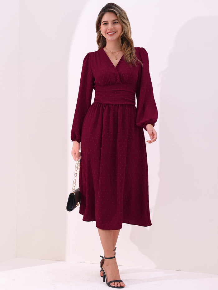 allegra k Vintage-Chic V Neck Swiss Polka Dots Lantern Long Sleeve Midi Office Dress