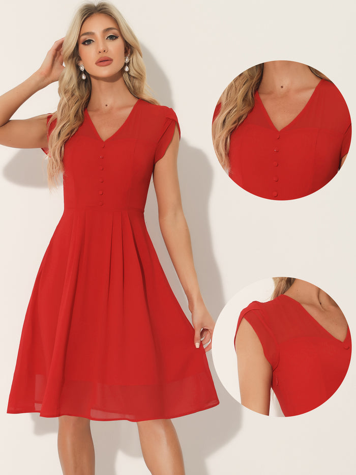 Allegra K Vintage Chiffon V Neck Cap Sleeve Elegant A-Line Dress