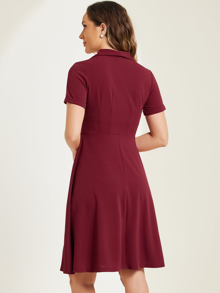 Allegra K Vintage Flat Collar Solid Color Short Sleeve Fit And Flare Midi Dress