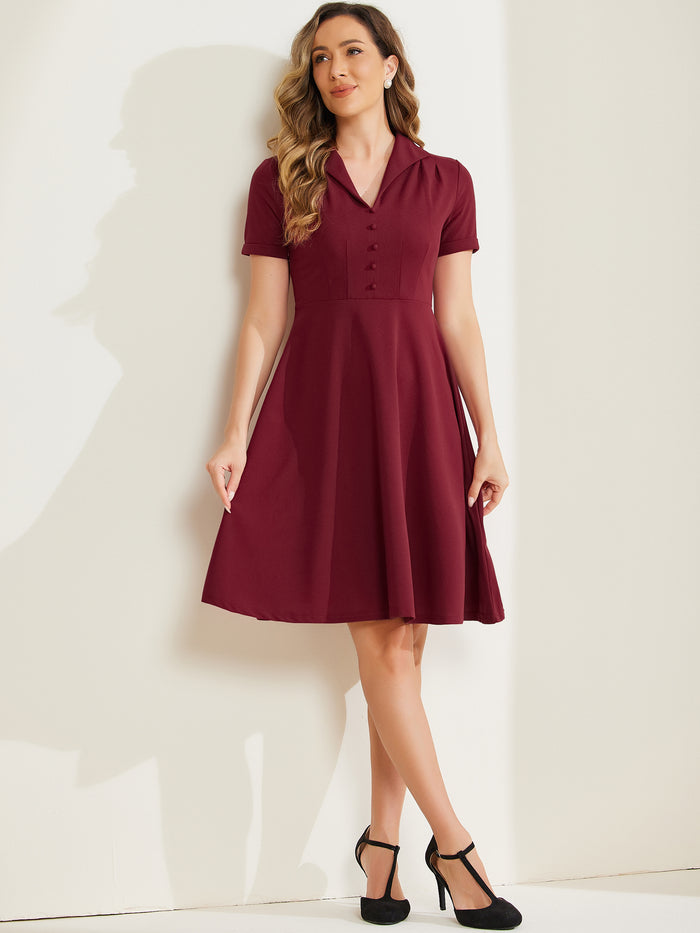 Allegra K Vintage Flat Collar Solid Color Short Sleeve Fit And Flare Midi Dress