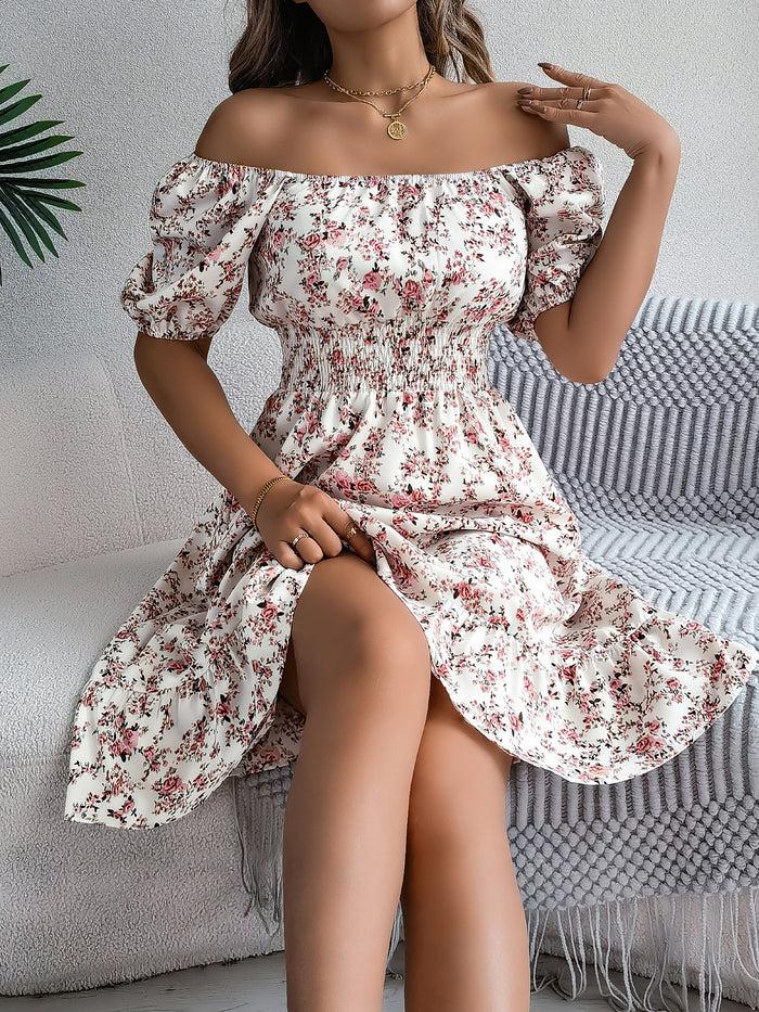 Allegra K Vintage Floral & Tropical Prints Floral Off Shoulder Puff Sleeves Smocked A-Line Dress
