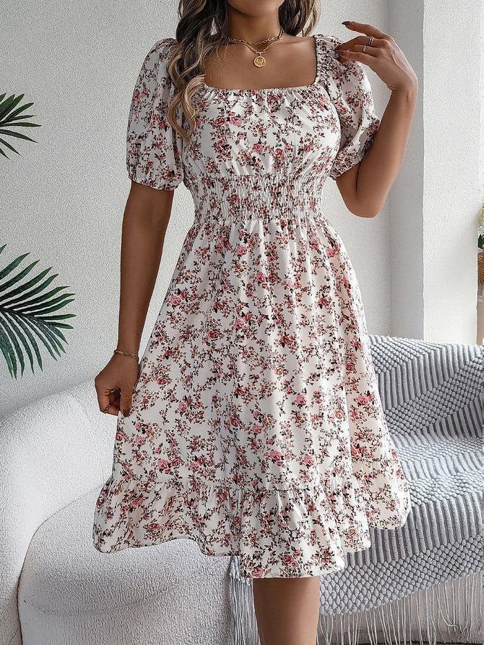 Allegra K Vintage Floral & Tropical Prints Floral Off Shoulder Puff Sleeves Smocked A-Line Dress