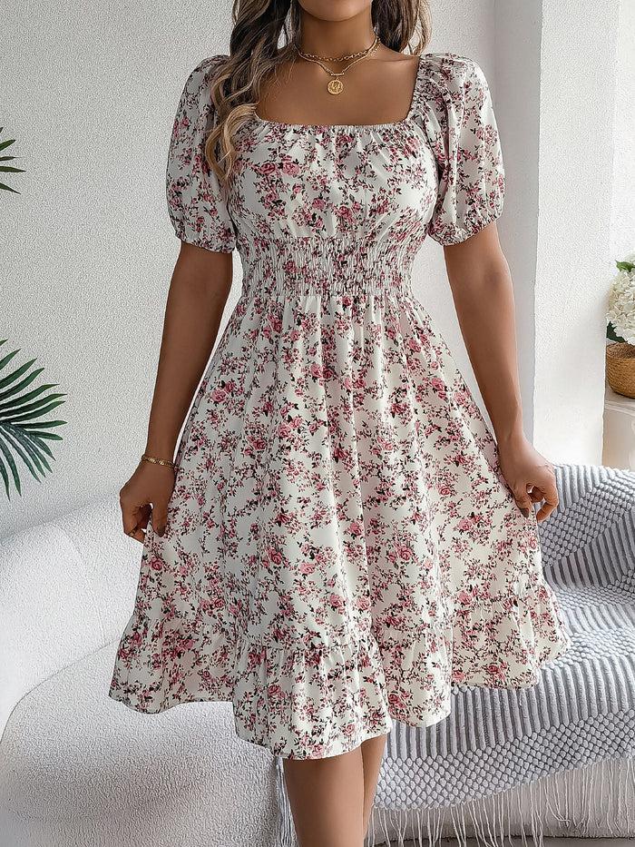 allegra k Vintage Floral & Tropical Prints Floral Off Shoulder Puff Sleeves Smocked A-Line Dress