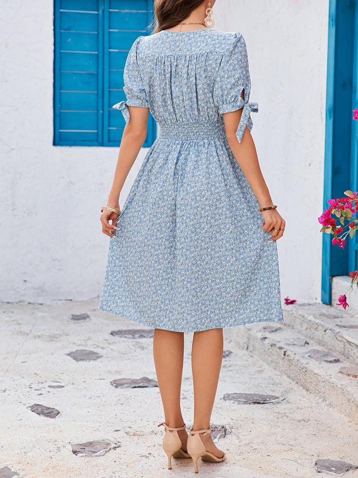 Allegra K Vintage Floral & Tropical Prints Floral Puff Sleeves Button Down Smocked Midi Dress