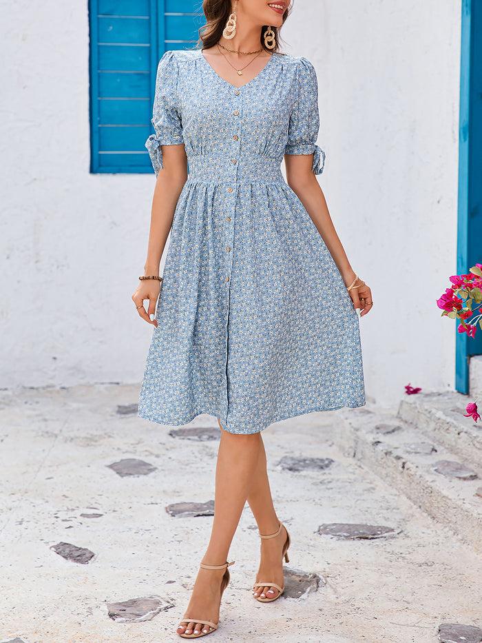 Allegra K Vintage Floral & Tropical Prints Floral Puff Sleeves Button Down Smocked Midi Dress