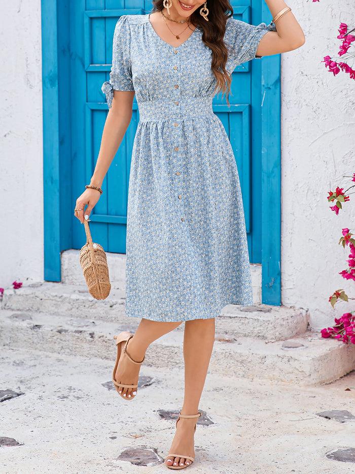 Allegra K Vintage Floral & Tropical Prints Floral Puff Sleeves Button Down Smocked Midi Dress