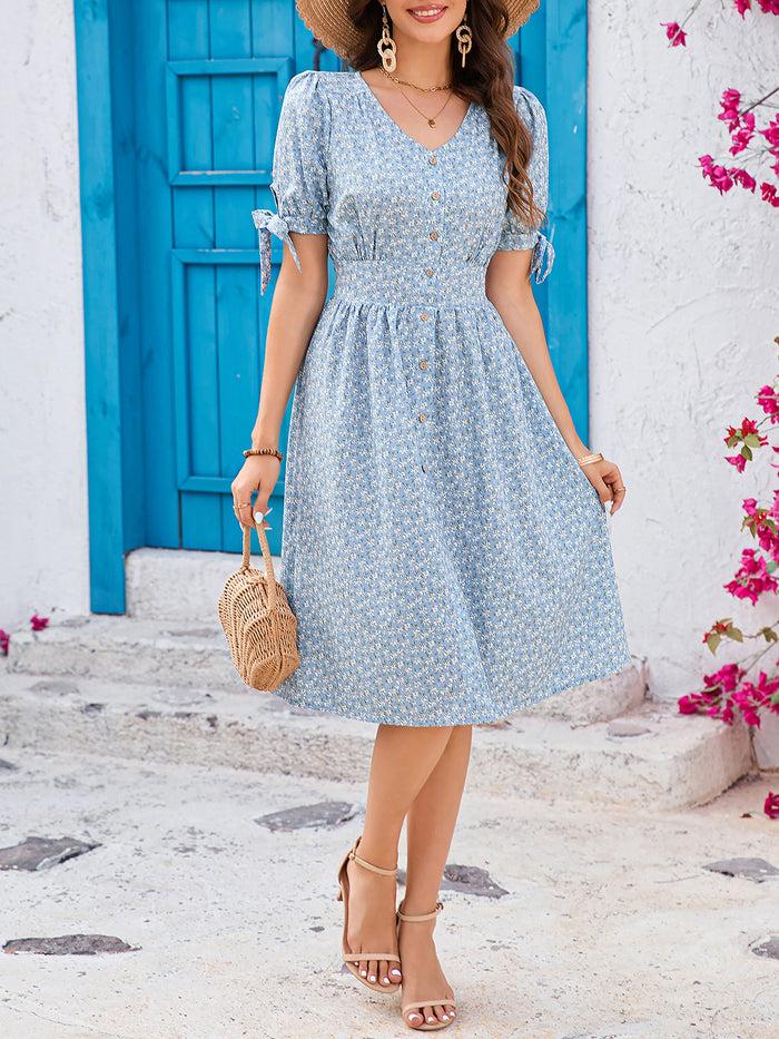 allegra k Vintage Floral & Tropical Prints Floral Puff Sleeves Button Down Smocked Midi Dress