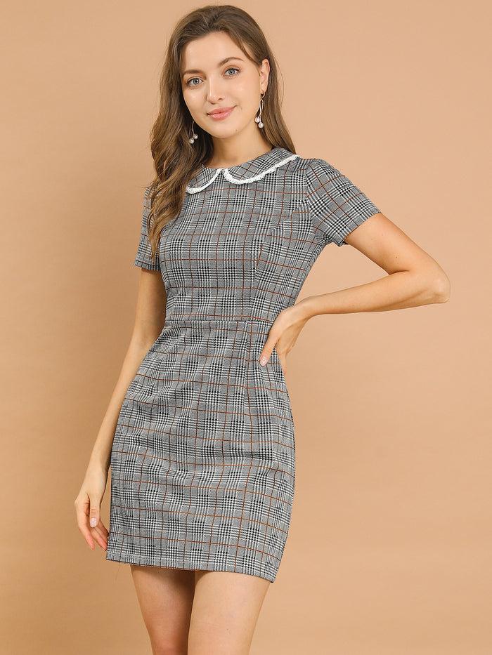 Allegra K Vintage Houndstooth Short Sleeve Slim Fit Stretchy Mini Bodycon Dress
