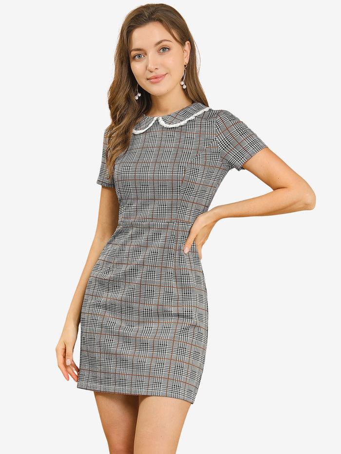 allegra k Vintage Houndstooth Short Sleeve Slim Fit Stretchy Mini Bodycon Dress