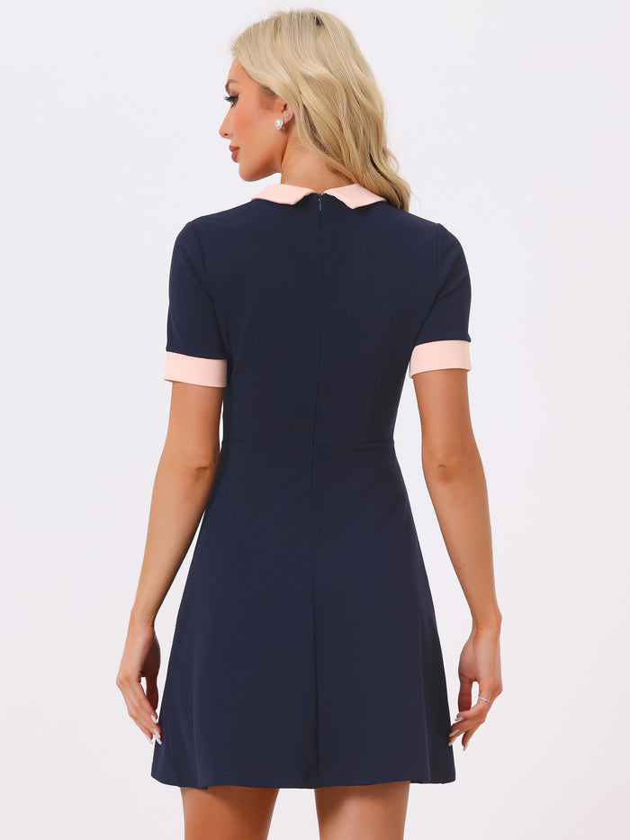 Allegra K Vintage Lapel Short Sleeve Contrast Color Fit And Flare Dress