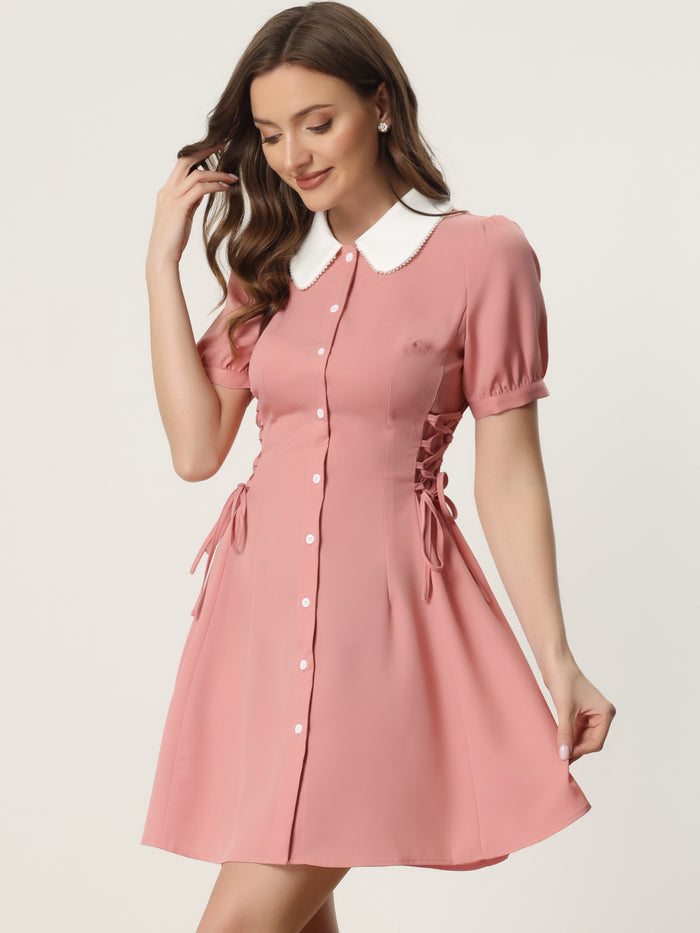 Allegra K Vintage Peter Pan Collar Lace Up Button Down Dress