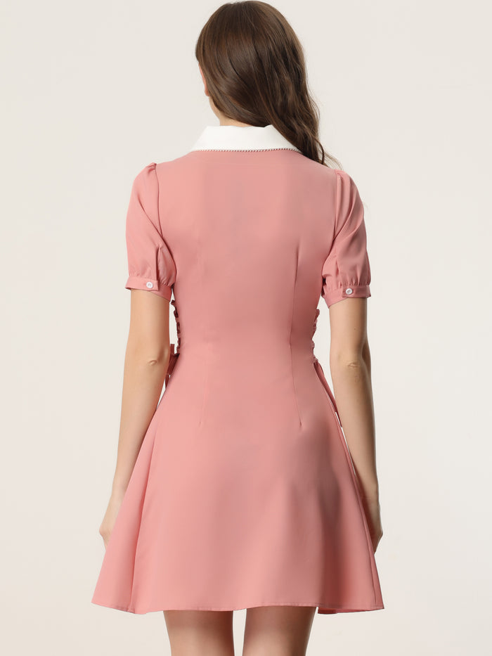 Allegra K Vintage Peter Pan Collar Lace Up Button Down Dress