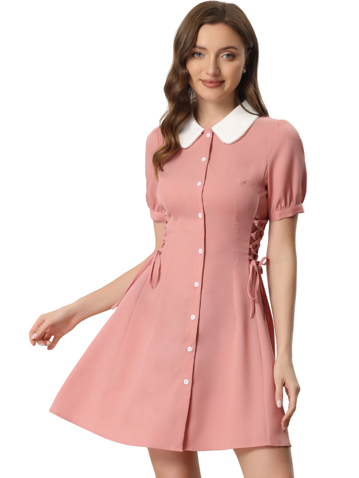 Allegra K Vintage Peter Pan Collar Lace Up Button Down Dress