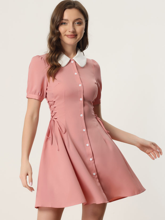 allegra k Vintage Peter Pan Collar Lace Up Button Down Dress