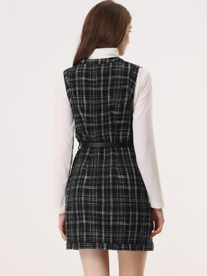 Allegra K Vintage Pinafore Round Neck Button Down Sleeveless Plaid Tweed Dress