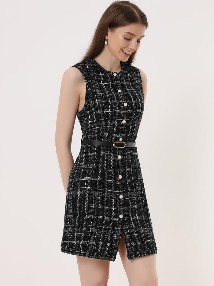 Allegra K Vintage Pinafore Round Neck Button Down Sleeveless Plaid Tweed Dress