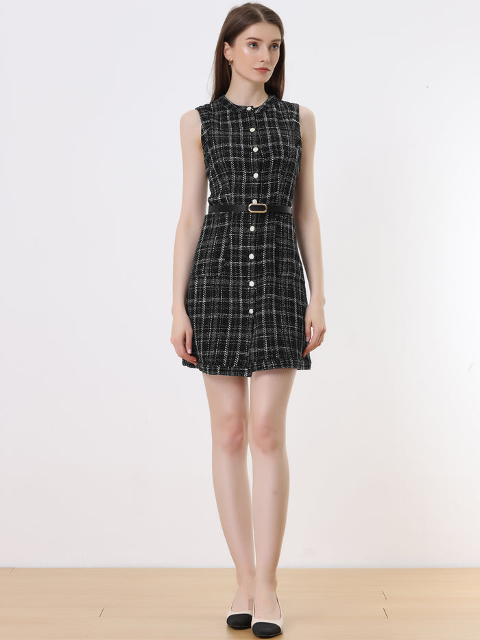 allegra k Vintage Pinafore Round Neck Button Down Sleeveless Plaid Tweed Dress