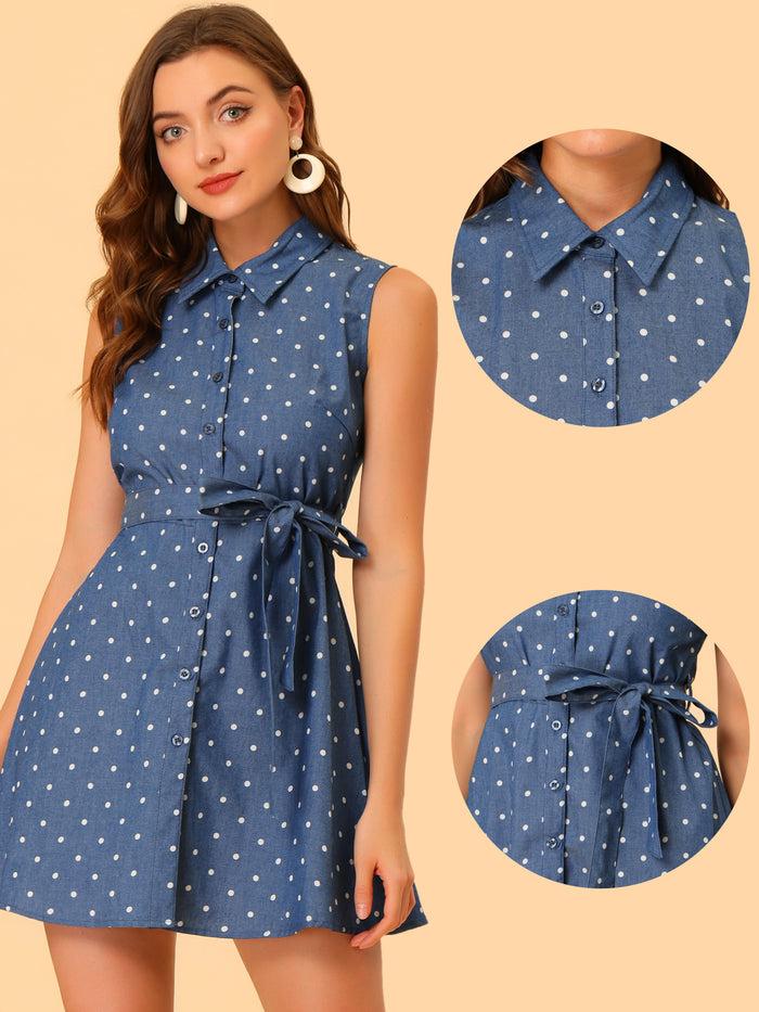 Allegra K Vintage Polka Dot Tie Waist Sleeveless A-Line Denim Shirt Dress