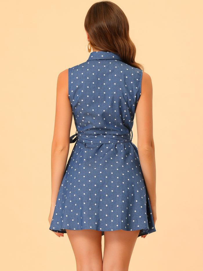 Allegra K Vintage Polka Dot Tie Waist Sleeveless A-Line Denim Shirt Dress