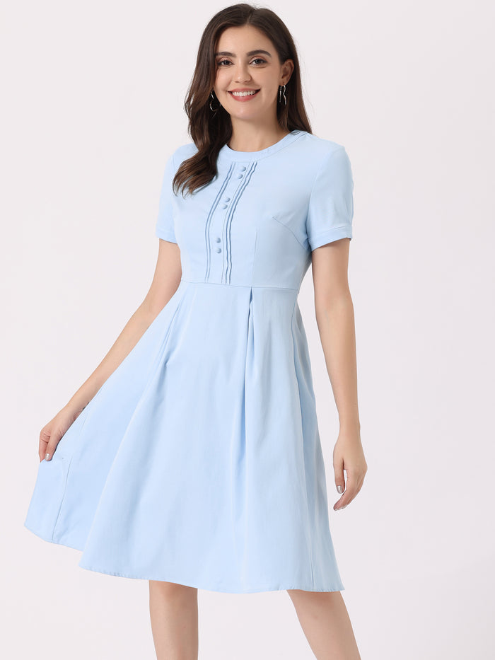 allegra k Vintage Round Neck Short Sleeve Pleated 1950s Midi Dress