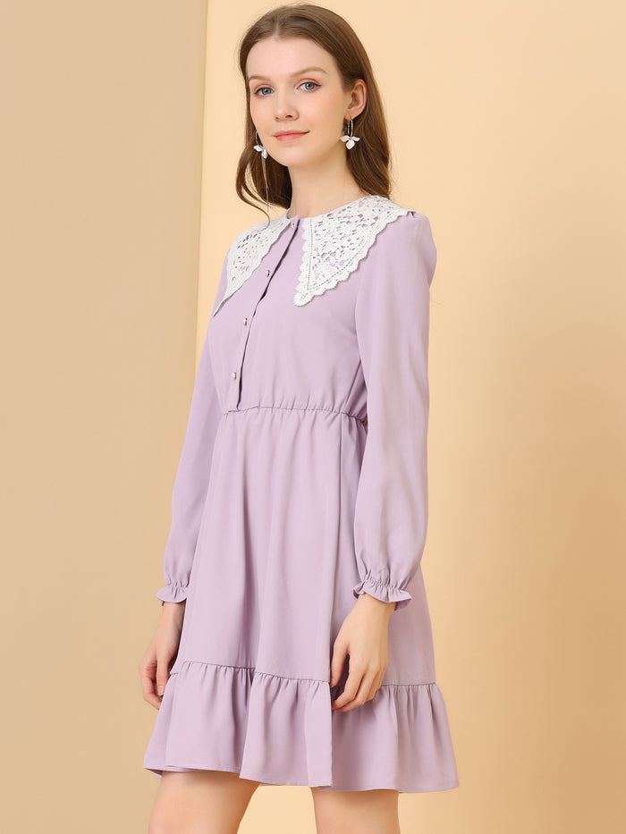 Allegra K Vintage Ruffle Hem A-Line Crochet Peter Pan Collar Dress