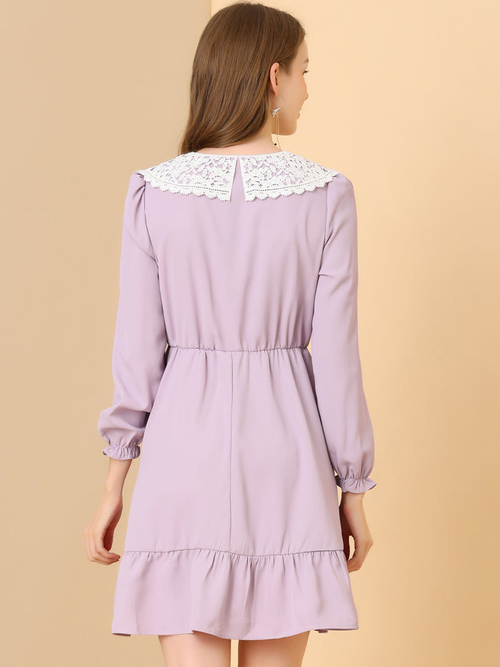 Allegra K Vintage Ruffle Hem A-Line Crochet Peter Pan Collar Dress