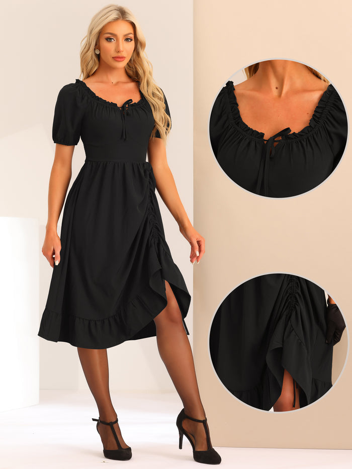 Allegra K Vintage Ruffle Square Neck Smocked Back Ruched High Low Ruffle Midi Dress