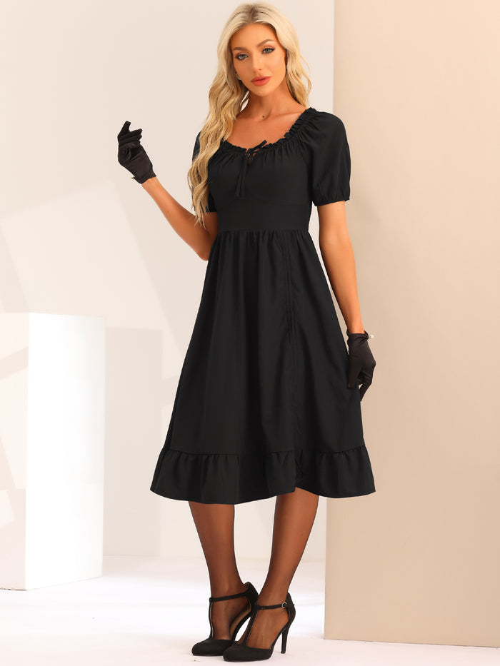 allegra k Vintage Ruffle Square Neck Smocked Back Ruched High Low Ruffle Midi Dress