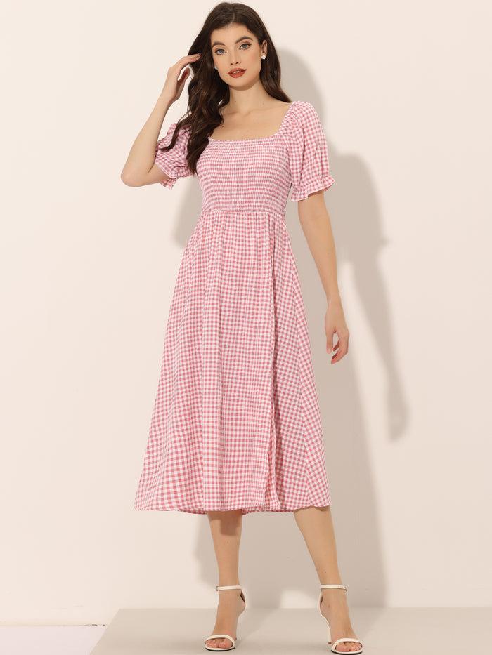 Allegra K Vintage Smocked Tie Back Slit Side Gingham Midi Dress