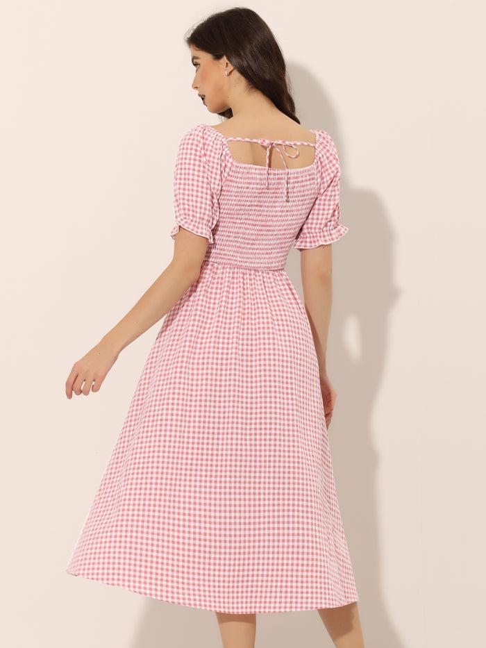 Allegra K Vintage Smocked Tie Back Slit Side Gingham Midi Dress