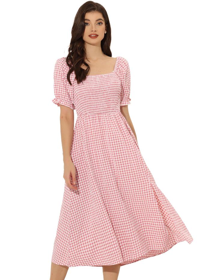 Allegra K Vintage Smocked Tie Back Slit Side Gingham Midi Dress