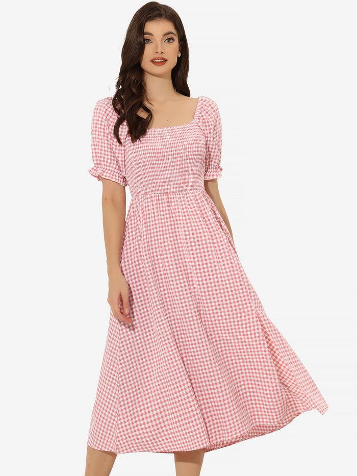 allegra k Vintage Smocked Tie Back Slit Side Gingham Midi Dress