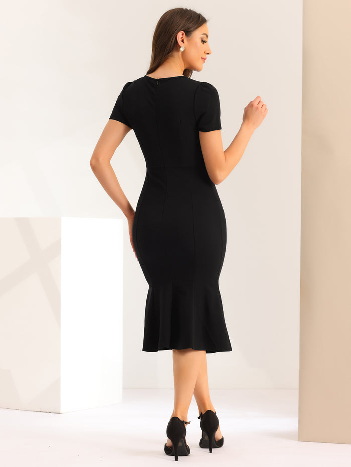 Allegra K Vintage Work Tie Neck Short Sleeve Mermaid Bodycon Midi Dress
