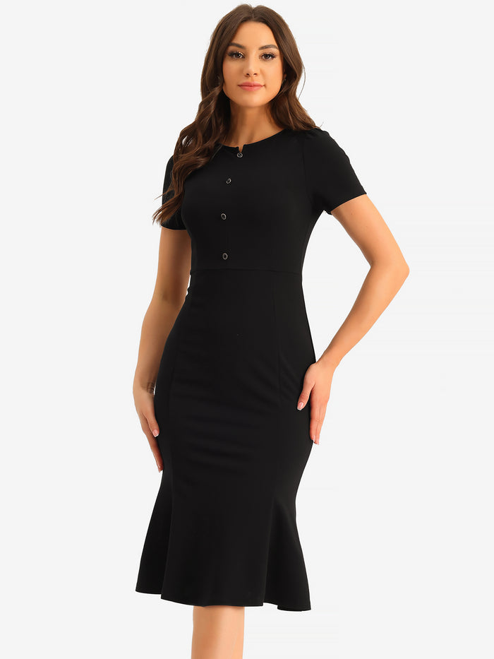 allegra k Vintage Work Tie Neck Short Sleeve Mermaid Bodycon Midi Dress
