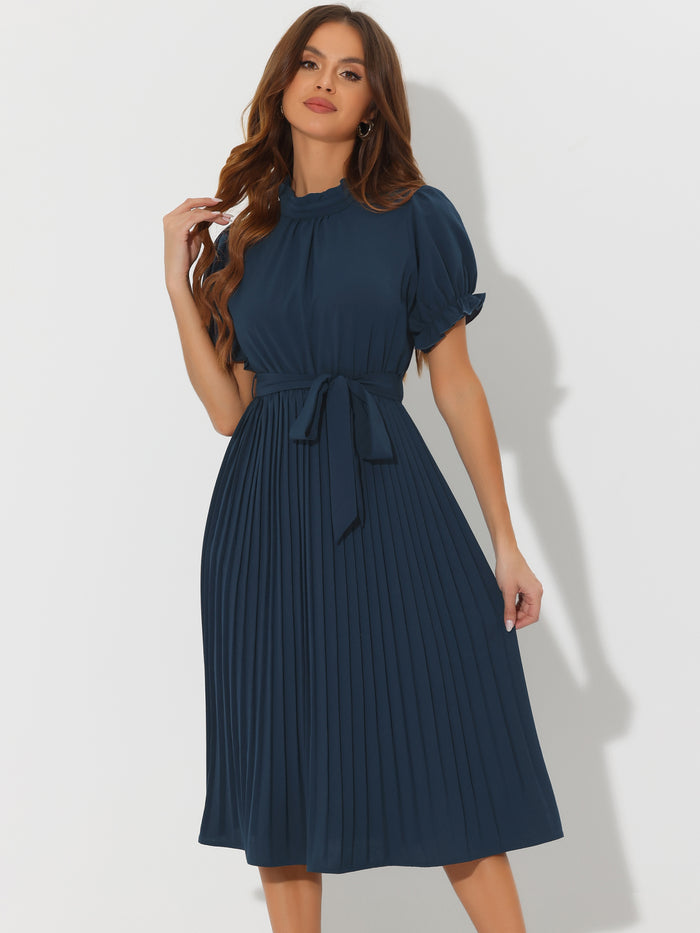 Allegra K Women's Retro Ruffled Collar Short Sleeve A-Line Pleated Dress