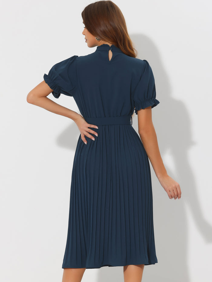 Allegra K Women's Retro Ruffled Collar Short Sleeve A-Line Pleated Dress