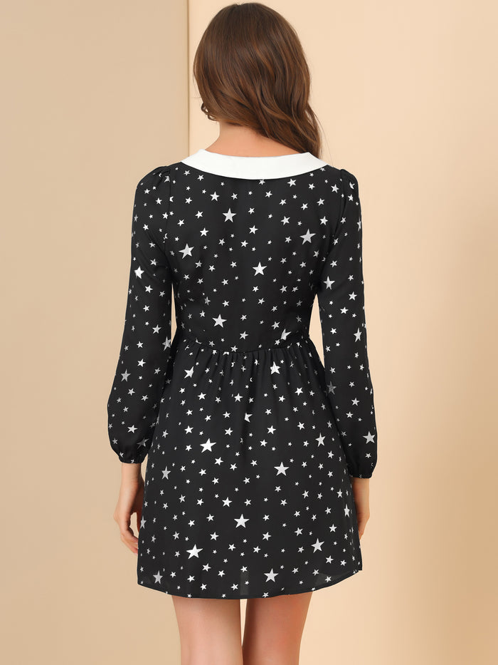 Allegra K Women's Star Printed Long Sleeve Metallic Party A-Line Peter Pan Collar Mini Dress