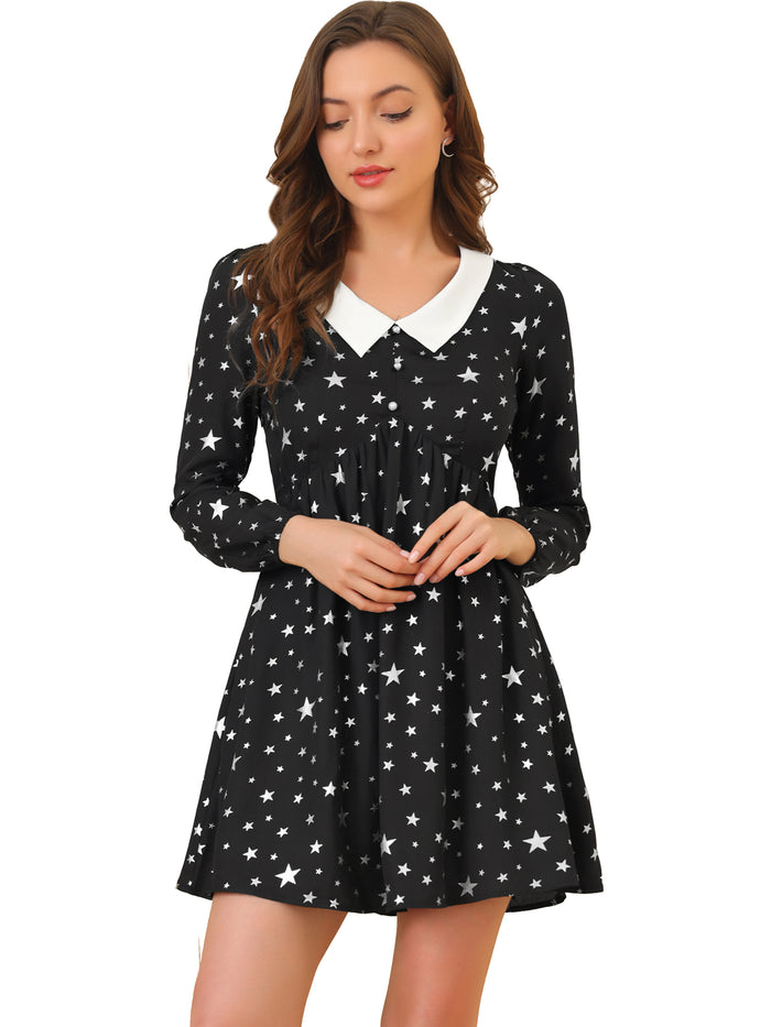 Allegra K Women's Star Printed Long Sleeve Metallic Party A-Line Peter Pan Collar Mini Dress